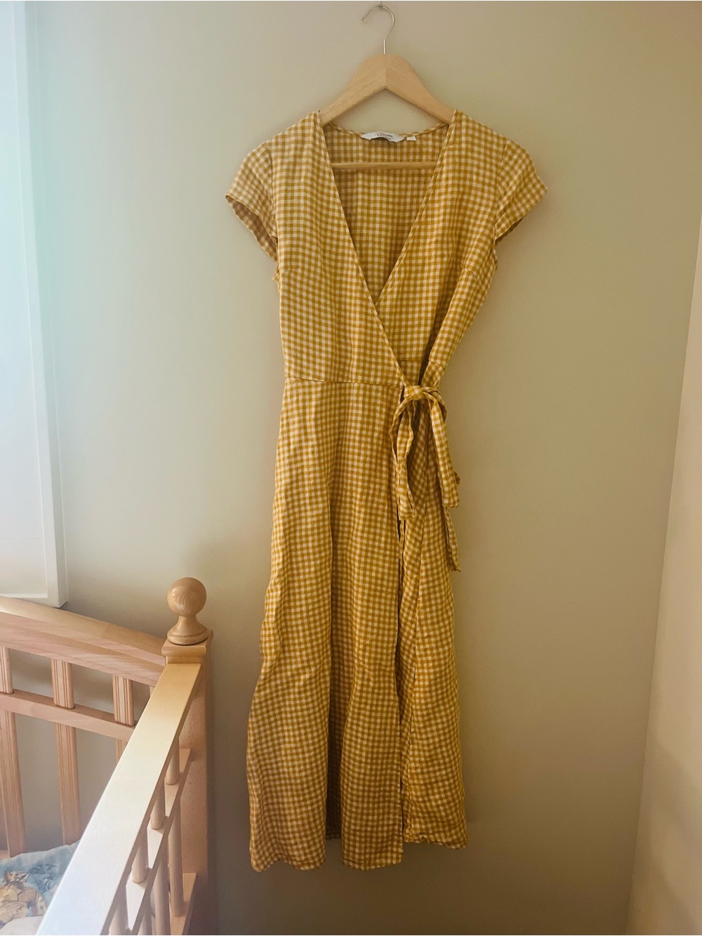 Yellow Linen Gingham Wrap Midi Dress